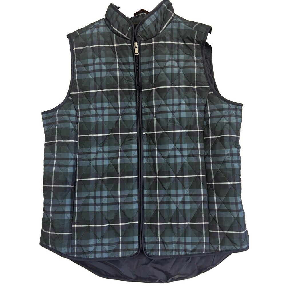 Style & Co Plaid Quilted Puffer Vest Blue Petite Medium Full Zip NWT Women’s